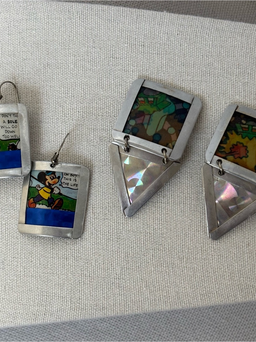Set of Two Aluminum Earrings Artisan Handmade From 1980’s Vintage Cartoon Art
